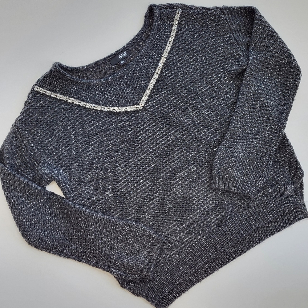 ana Charcoal Silver Beaded/Thread Holiday Sweater